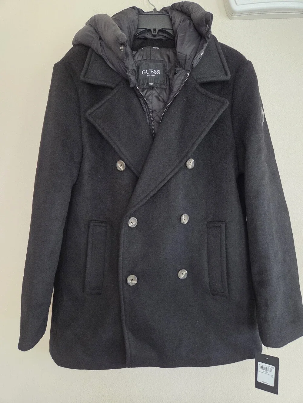 GUESS Men's Black Wool Blend Jeff DB Hooded Quilted Peacoat Size Medium NWT $350